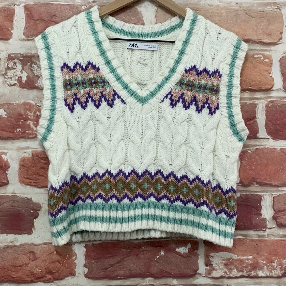 Zara Trafaluc Sweater Vest Women's Small Multicolor Fair Isle Striped Cable Knit